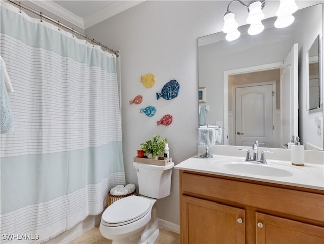 21116 Bella Terra Blvd, Estero, FL 33928 - full bathroom featuring vanity, curtained shower, toilet, and ornamental molding