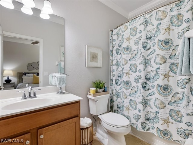 21116 Bella Terra Blvd, Estero, FL 33928 - bathroom featuring curtained shower, crown molding, toilet, tile patterned floors, and vanity