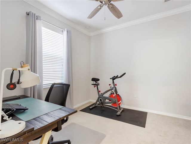 21116 Bella Terra Blvd, Estero, FL 33928 - home office featuring baseboards, carpet floors, ceiling fan, and crown molding