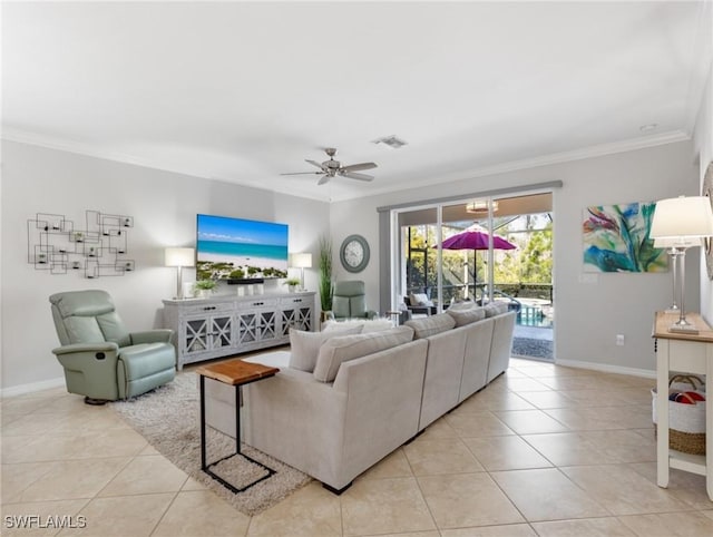 21116 Bella Terra Blvd, Estero, FL 33928 - living room featuring light tile patterned floors, baseboards, ornamental molding, and a ceiling fan