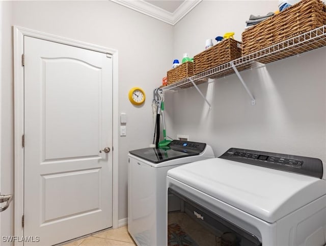 21116 Bella Terra Blvd, Estero, FL 33928 - laundry room with laundry area, light tile patterned floors, independent washer and dryer, and ornamental molding