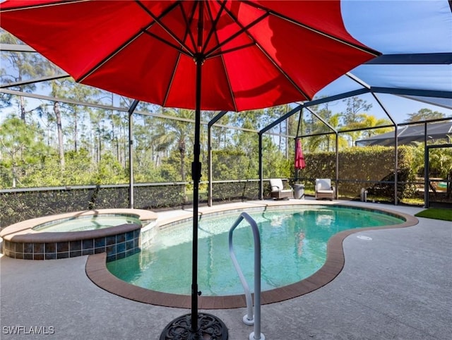 21116 Bella Terra Blvd, Estero, FL 33928 - view of swimming pool with glass enclosure, a patio, and a pool with connected hot tub