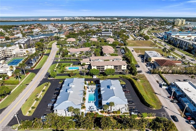 drone / aerial view featuring a water view