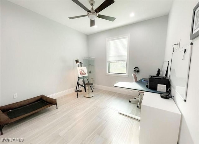 office area featuring recessed lighting, baseboards, ceiling fan, and wood finished floors