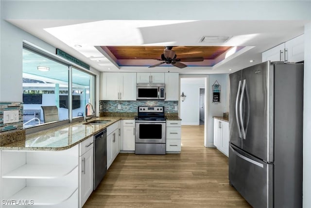 kitchen featuring a sink, stainless steel appliances, a raised ceiling, and light stone countertops