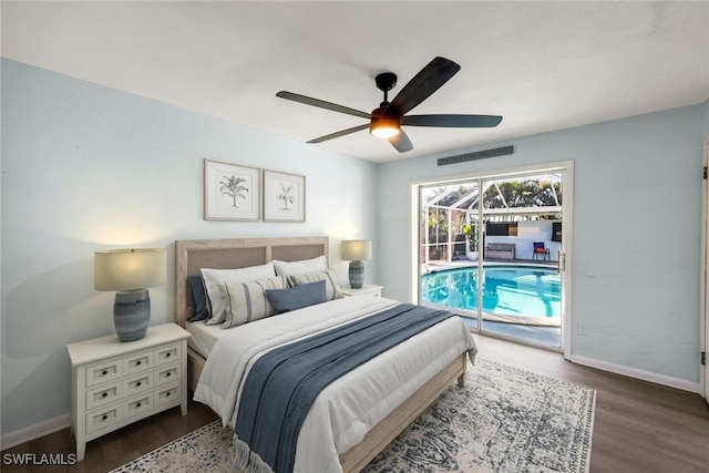 bedroom featuring visible vents, baseboards, dark wood-style flooring, and ceiling fan