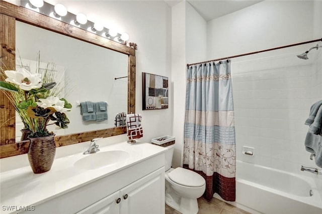 bathroom with tile patterned floors, toilet, vanity, and shower / bathtub combination with curtain