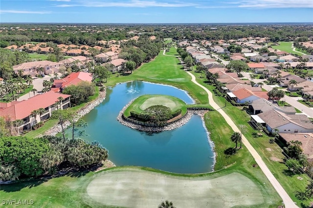 bird's eye view featuring view of golf course, a water view, and a residential view