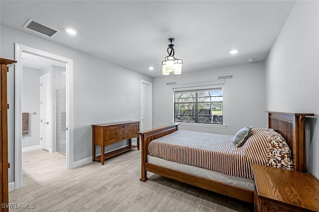 bedroom with recessed lighting, visible vents, baseboards, and light wood-style flooring