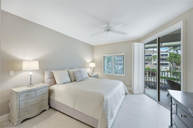 bedroom with ceiling fan, baseboards, access to exterior, and light tile patterned floors