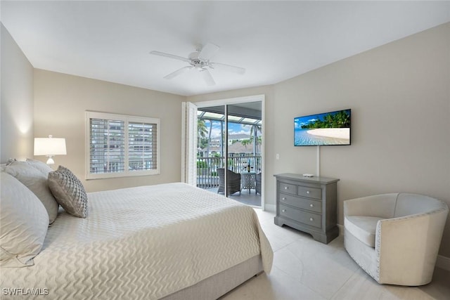 bedroom with access to exterior and ceiling fan