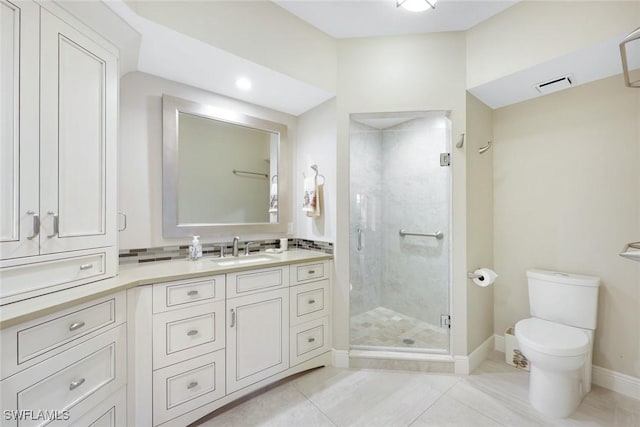 bathroom featuring visible vents, toilet, a stall shower, baseboards, and vanity