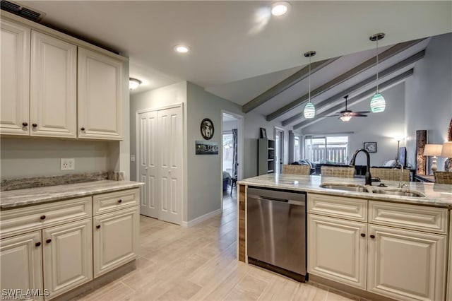 kitchen with vaulted ceiling with beams, pendant lighting, dishwasher, a ceiling fan, and a sink