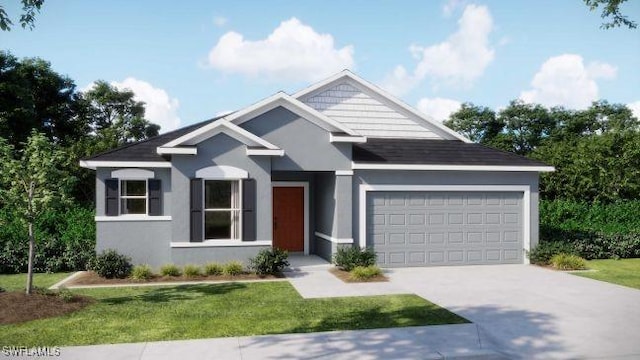 view of front of property featuring concrete driveway, an attached garage, a front yard, and stucco siding