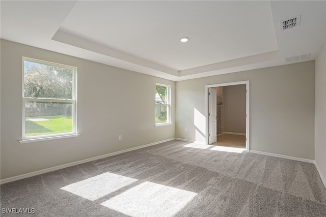 carpeted spare room featuring a raised ceiling, baseboards, and visible vents