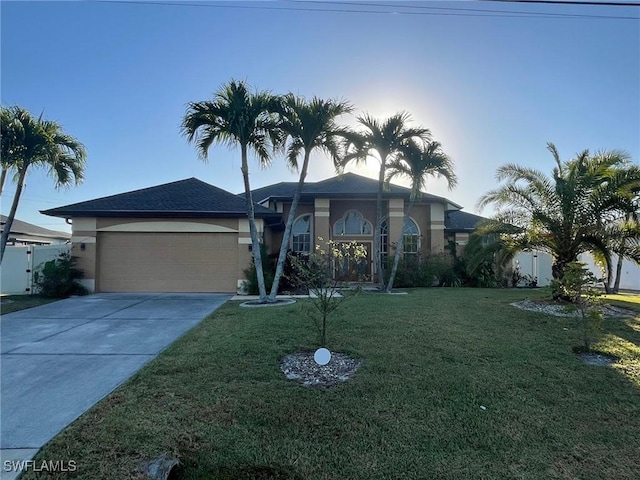 view of front of property with a front lawn, fence, concrete driveway, stucco siding, and an attached garage