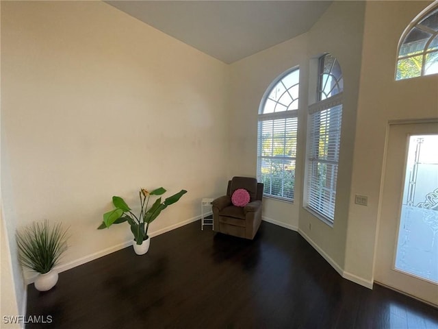 unfurnished room featuring baseboards and dark wood-style flooring