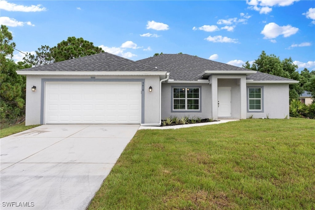 846 Downer Ave S, Lehigh Acres, FL 33974 - ranch-style house featuring a garage, stucco siding, concrete driveway, a front yard, and roof with shingles
