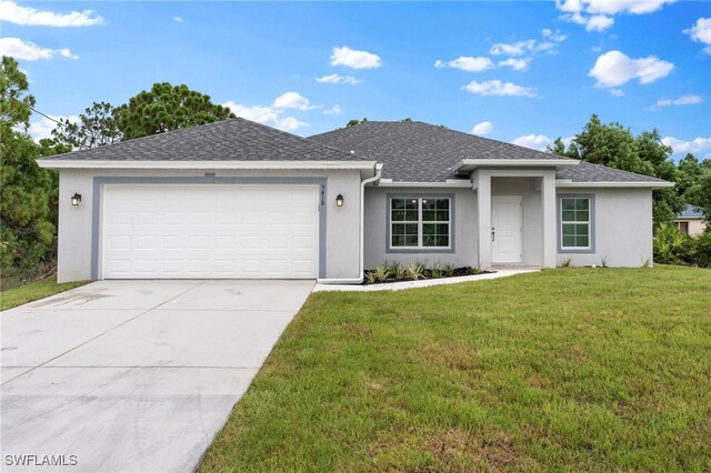 846 Downer Ave S, Lehigh Acres, FL 33974 - ranch-style house featuring a garage, stucco siding, concrete driveway, a front yard, and roof with shingles