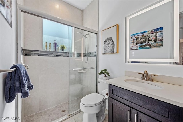 full bathroom with a shower stall, toilet, and vanity