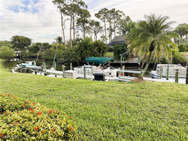 view of property's community with a yard and a dock