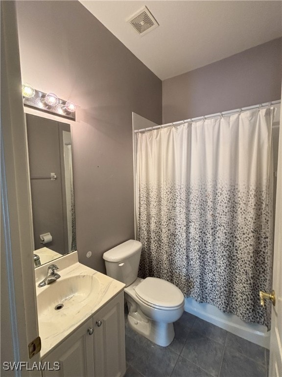 bathroom with vanity, shower / bathtub combination with curtain, visible vents, tile patterned floors, and toilet