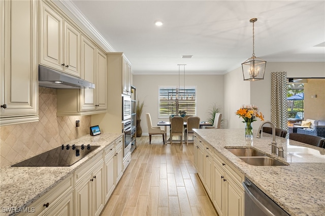 kitchen featuring ornamental molding, a sink, cream cabinetry, under cabinet range hood, and appliances with stainless steel finishes