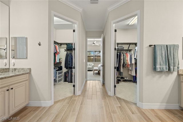 bathroom with a spacious closet, crown molding, ceiling fan, wood tiled floor, and vanity