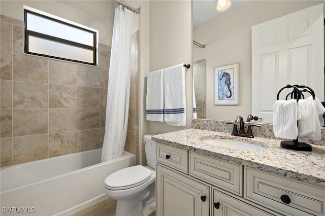 full bathroom with vanity, wood finished floors, toilet, and shower / bathtub combination with curtain