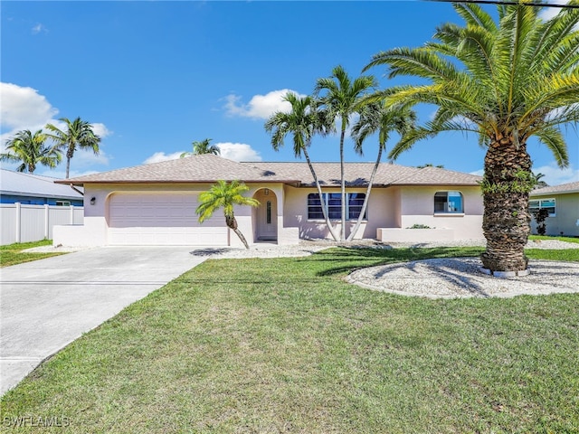 single story home featuring a garage, a front yard, driveway, and stucco siding