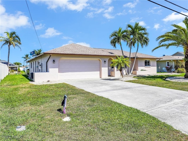 ranch-style house with stucco siding, driveway, a front lawn, and a garage