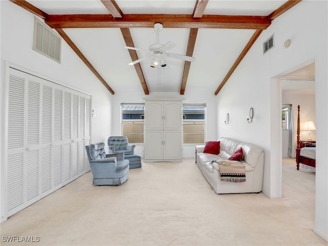 living room featuring light carpet, visible vents, beam ceiling, and a ceiling fan