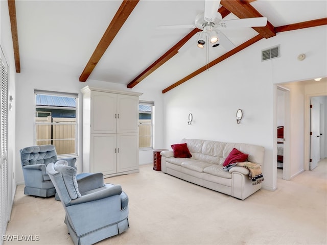 living room with visible vents, light carpet, beamed ceiling, and ceiling fan