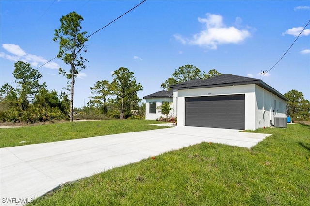 single story home with a front yard, cooling unit, an attached garage, and stucco siding