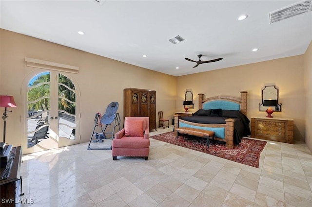 bedroom featuring access to outside, recessed lighting, visible vents, and french doors