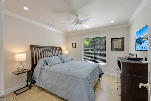 bedroom with recessed lighting, baseboards, visible vents, and ornamental molding