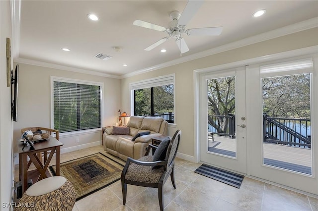 living room featuring recessed lighting, baseboards, visible vents, and ornamental molding