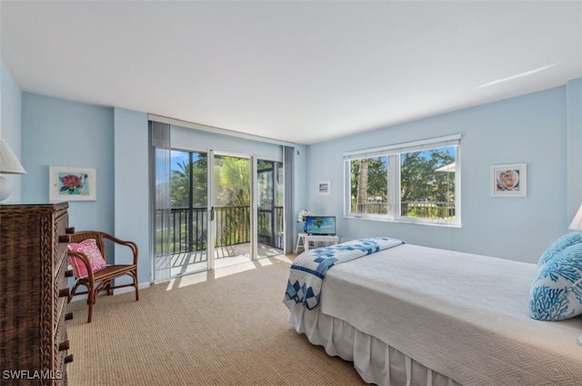 bedroom featuring light carpet and access to exterior