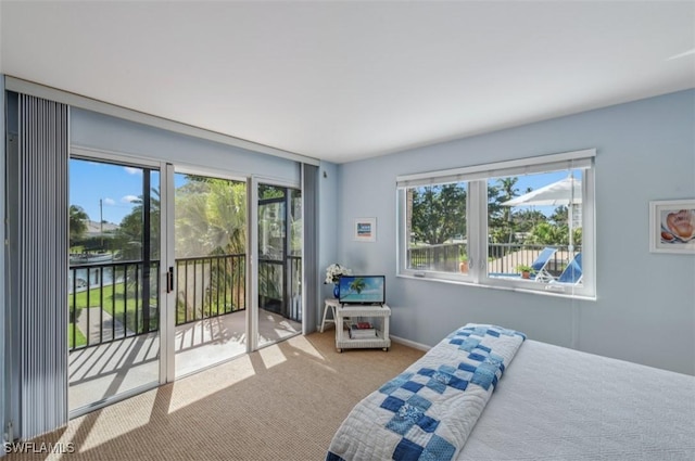 carpeted bedroom featuring multiple windows, baseboards, and access to outside