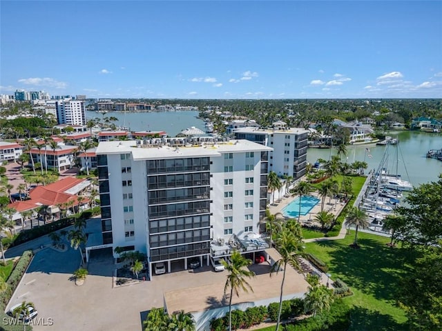 drone / aerial view with a water view