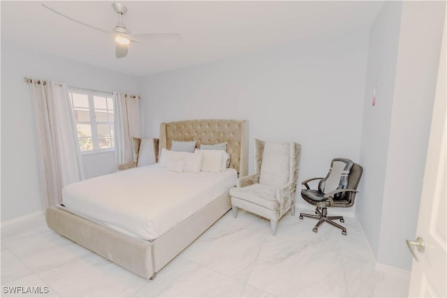 bedroom featuring marble finish floor, baseboards, and ceiling fan