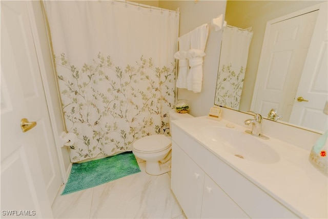 full bath with a shower with shower curtain, toilet, and vanity