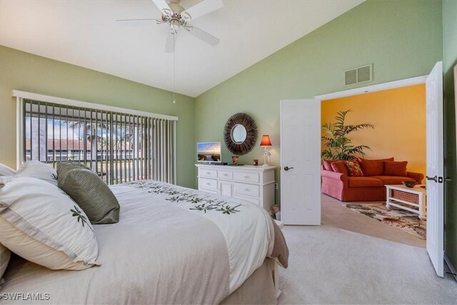 2381 Hidden Lake Ct Unit 8202, Naples, FL 34112 - bedroom with carpet flooring, high vaulted ceiling, access to outside, and ceiling fan