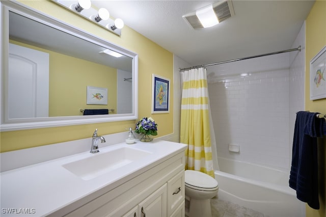 bathroom featuring tile patterned flooring, visible vents, toilet, shower / bath combo, and vanity