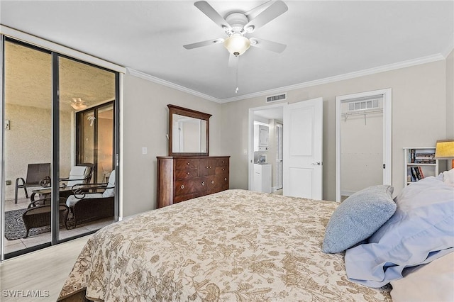 bedroom featuring visible vents, ornamental molding, a ceiling fan, access to outside, and wood finished floors