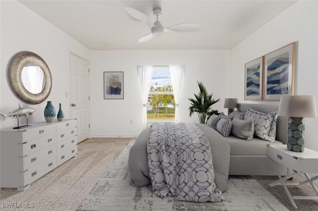 bedroom featuring light carpet and ceiling fan