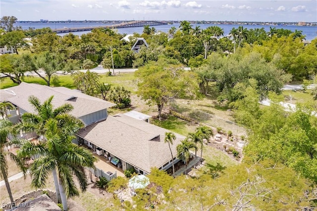 drone / aerial view with a water view