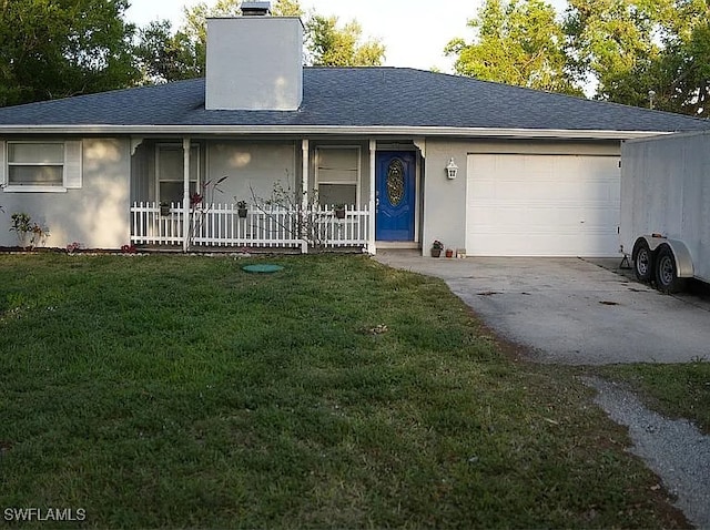 1280 Mcneill Rd, North Fort Myers, FL 33903 - ranch-style home with a front lawn, covered porch, stucco siding, a chimney, and a garage