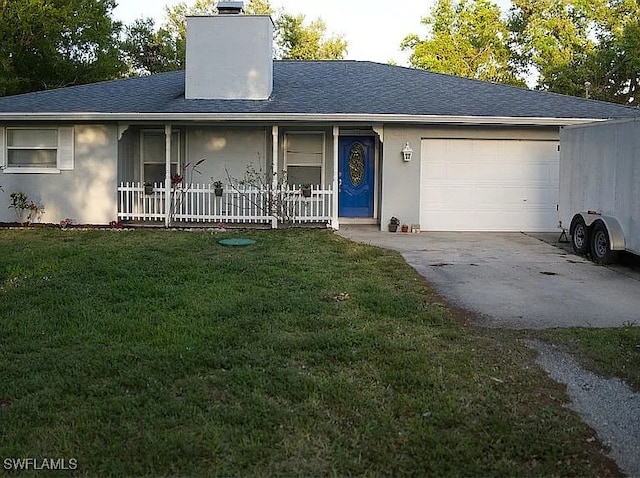 ranch-style home with a front lawn, covered porch, stucco siding, a chimney, and a garage