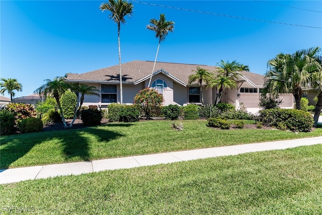 single story home featuring stucco siding, an attached garage, and a front lawn